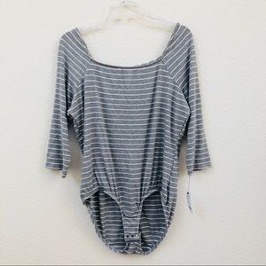 NY Collections Grey Striped Off Shoulder Bodysuit